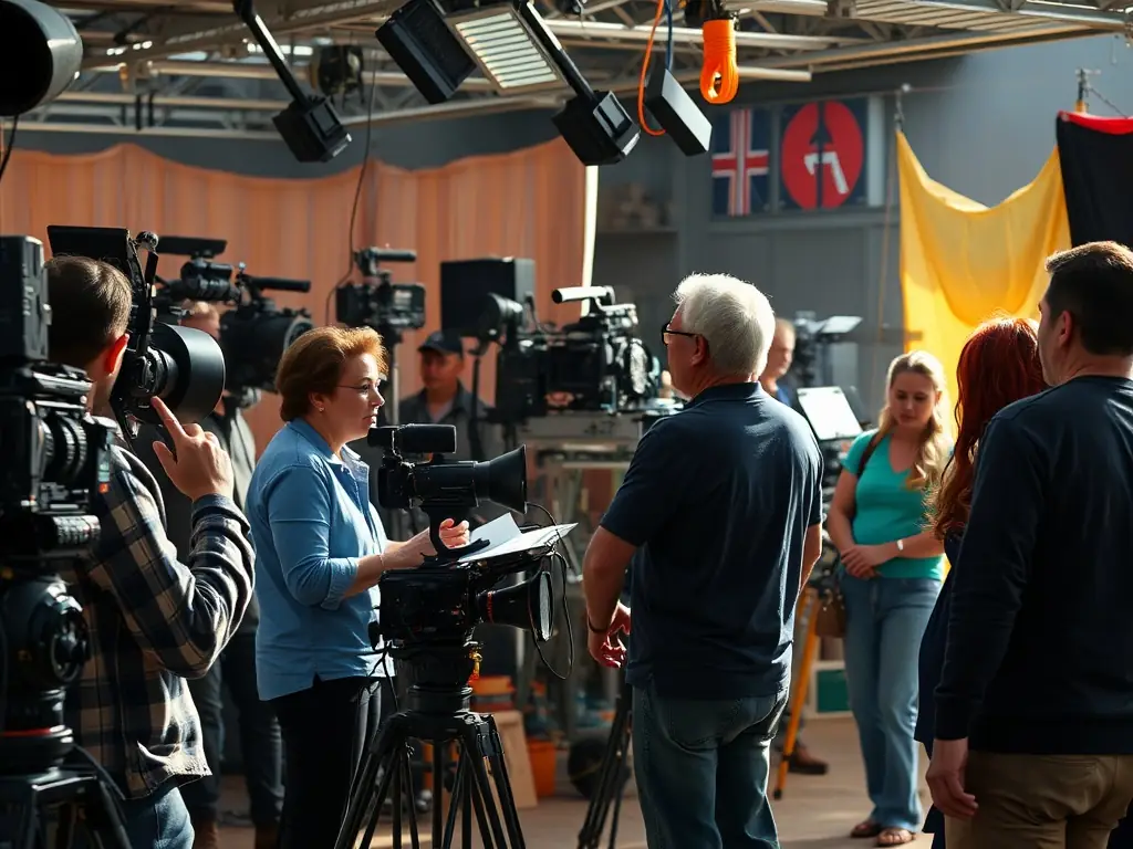 A dynamic shot of a film set with crew members actively engaged in filming a scene, showcasing the energy and collaboration involved in film production.